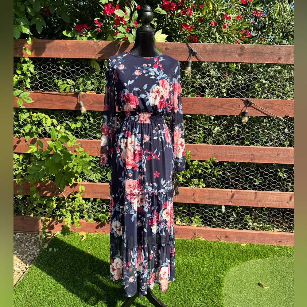Navy Floral Long Sleeve Maxi Dress with Smocked Waist #39